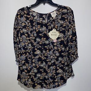 Knox Rose Navy Floral Metallic Stripe‎ 3/4 Sleeve Boho Blouse Small NEW